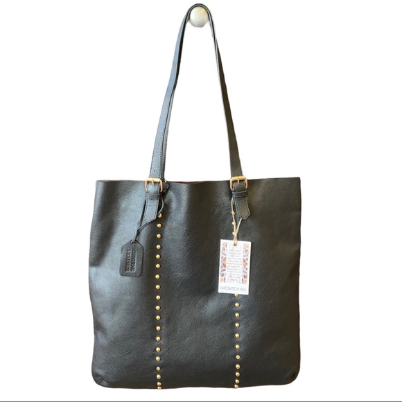 Handbags - Black Leather 2 piece Tote and Pouch Gold Studs